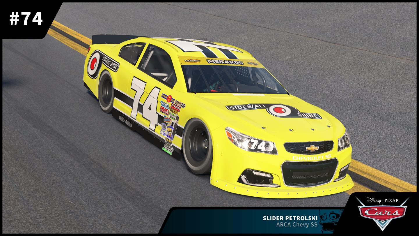Preview of #74 Slider Petrolski Sidewall Shine Disney PIXAR Cars ARCA Chevy SS by Zack W Gould