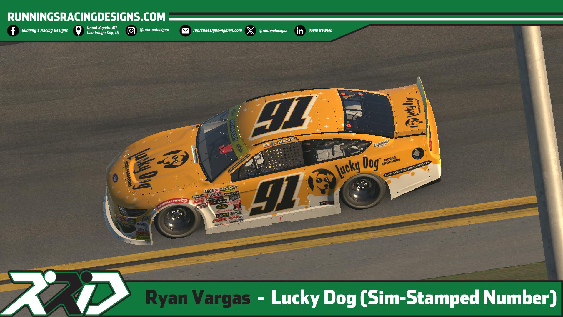 Preview of 2026 Ryan Vargas Lucky Dog Mobile Groomers ARCA Ford Mustang ***Sim-Stamped Number*** by Gavin Newton