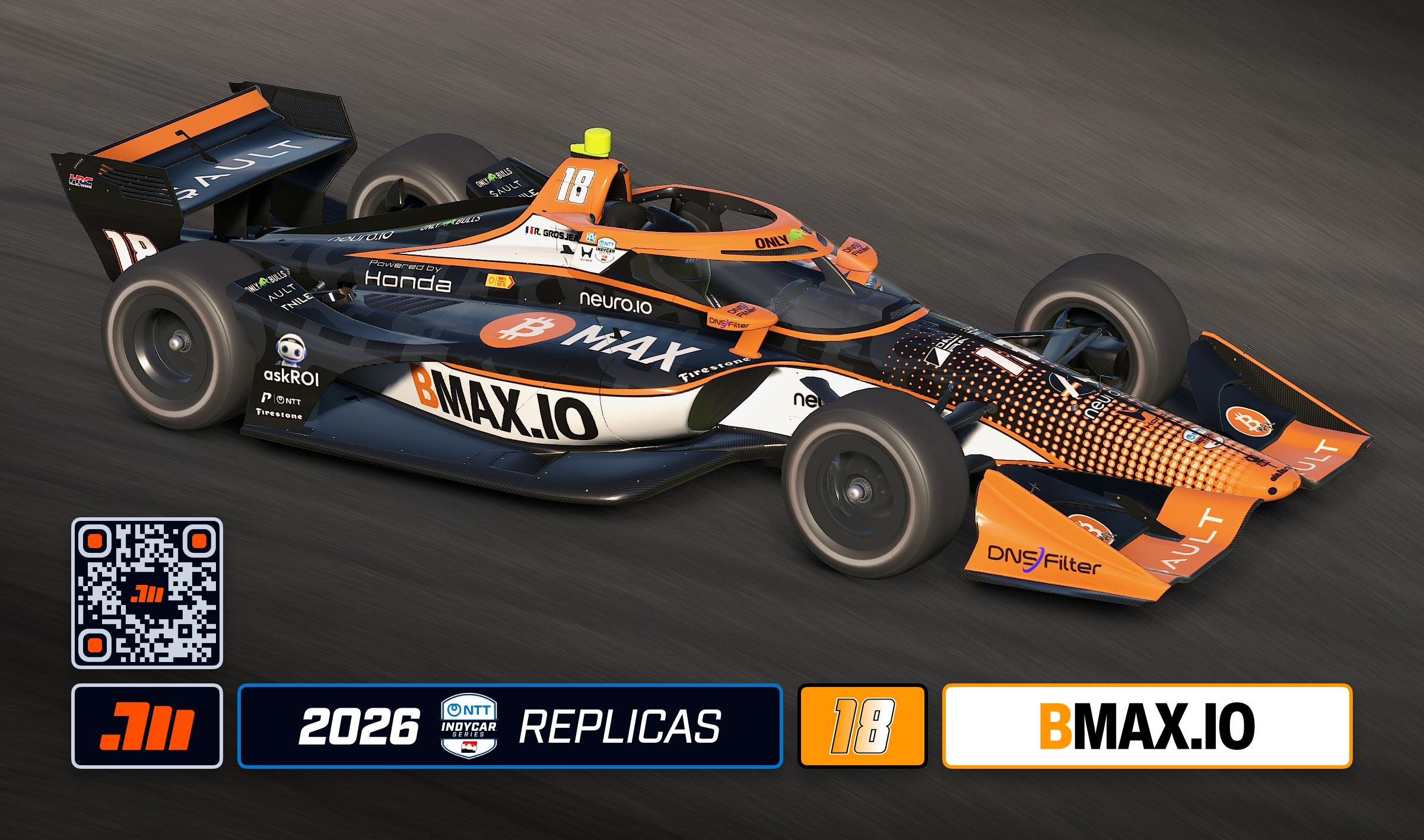Preview of 2026 Romain Grosjean #18 Bitcoin Max IndyCar with Custom Number by Jeff McKeand