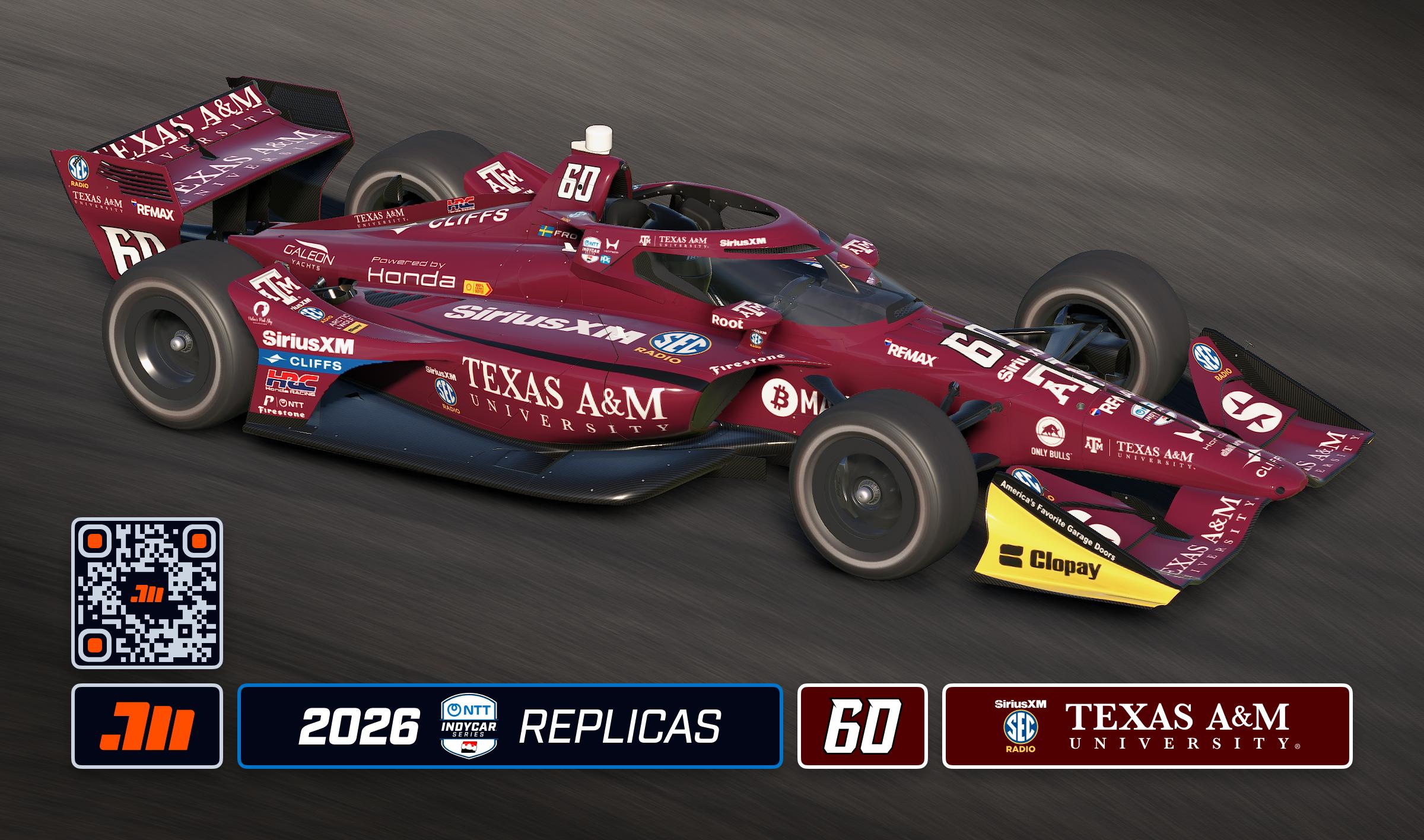 Preview of 2026 Felix Rosenqvist #60 SXM SEC Radio Texas A&M IndyCar with Custom Number by Jeff McKeand