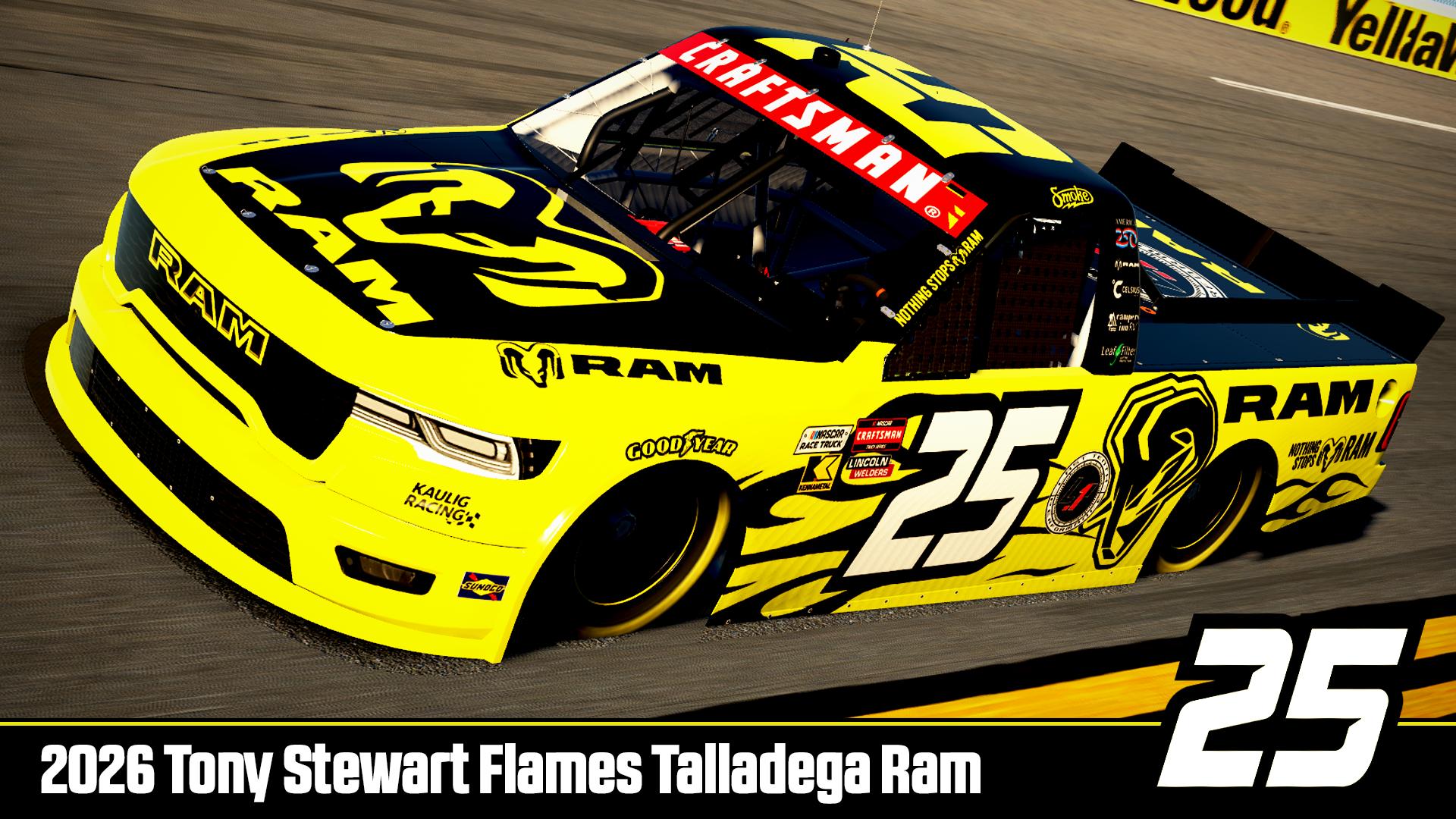 Preview of Tony Stewart 2026 Kaulig Free Agent Smoke Ram Talladega Flames Truck Sim Stamped by DG Swiss